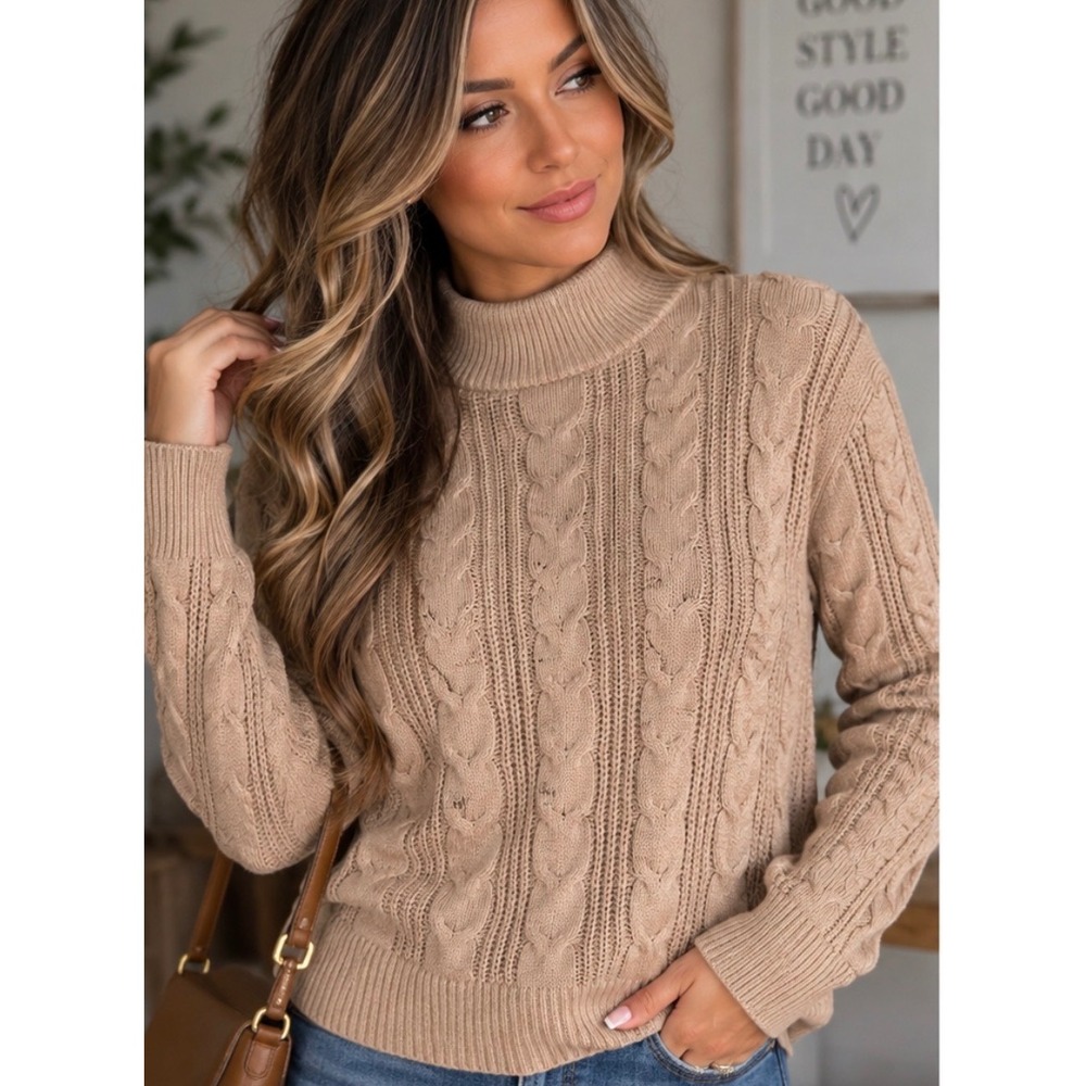 Banana Republic Womens Tan Cable Knit Mock Neck Sweater Side Slits Size M